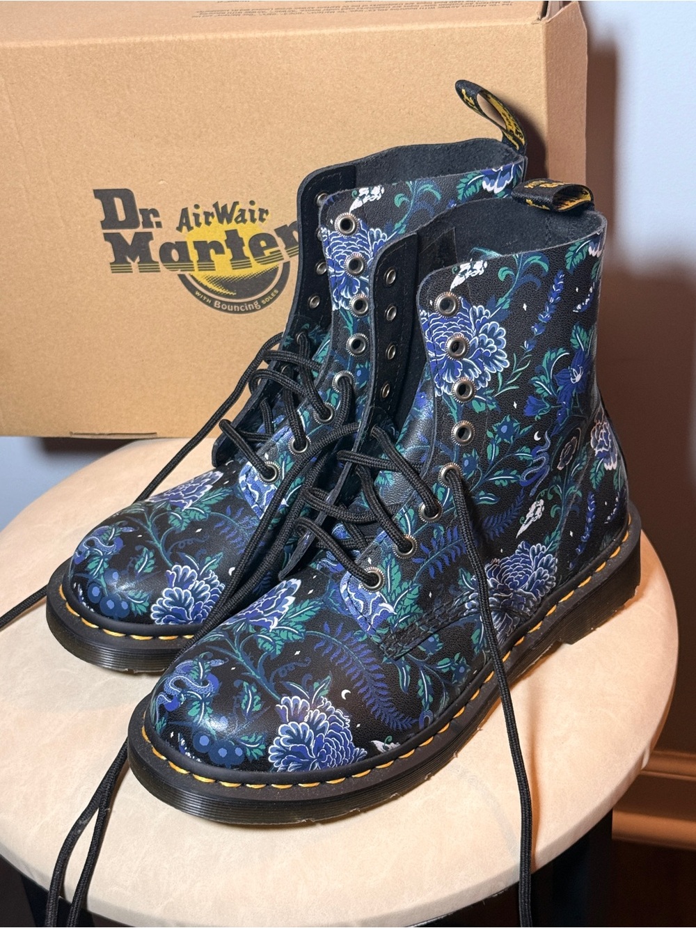 Dr. Martens Black Boots with Blue Floral Print Lace-Up NEVER WORN